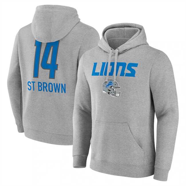 Men's Detroit Lions #14 Amon-Ra St. Brown Heather Gray Team Wordmark Player Name & Number Pullover Hoodie,We sell and wholesale Men's Detroit Lions #14 Amon-Ra St. Brown Heather Gray Team Wordmark Player Name & Number Pullover Hoodie on line form chian!